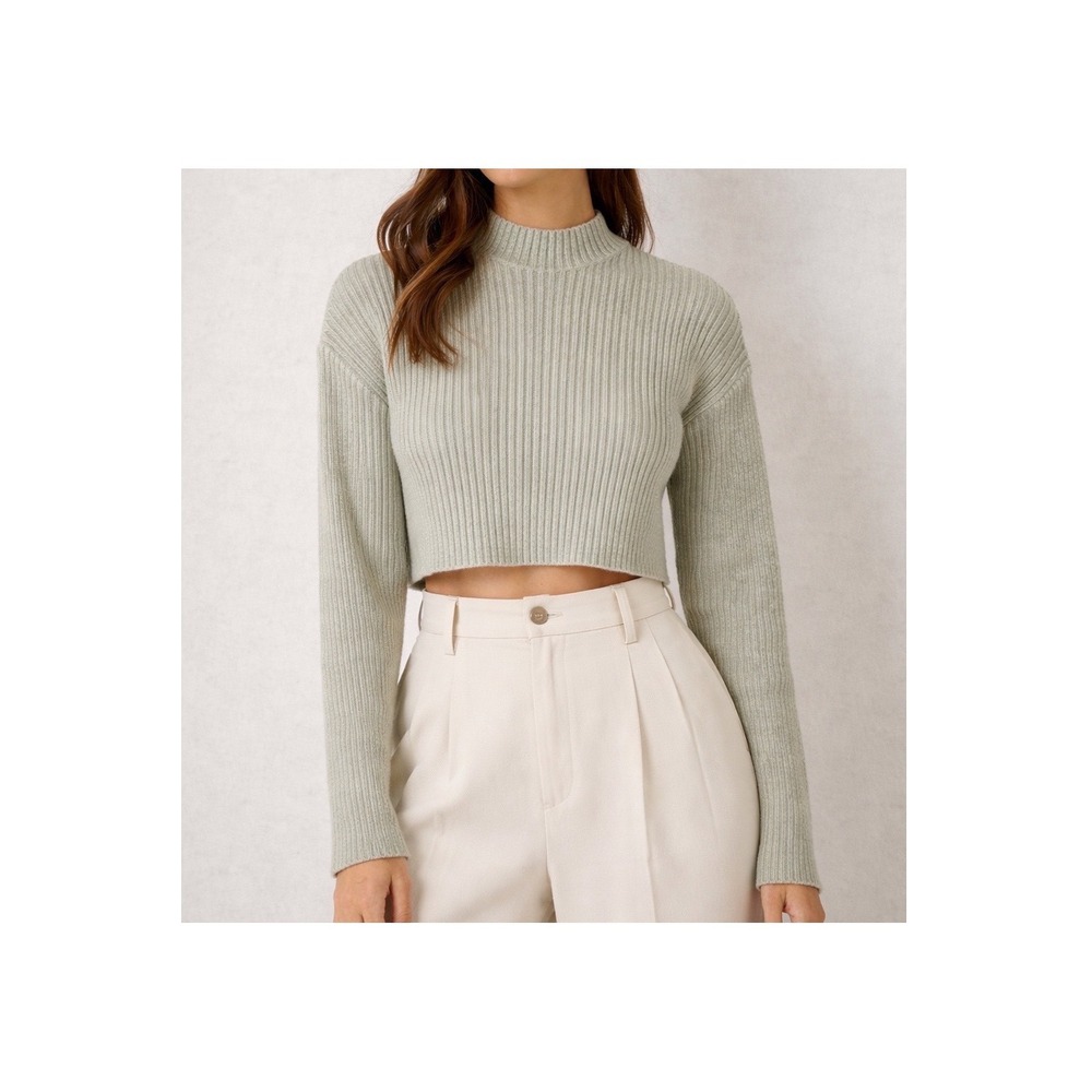 MABLE Fenne Sage Green Ribbed MockNeck CroppedSweater Clean Girl|Quiet Luxury|Lg